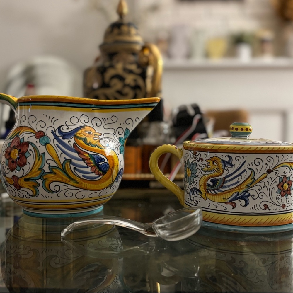 Rare Deruta Colorful Ceramic Pitcher and Sugar Bowl Set